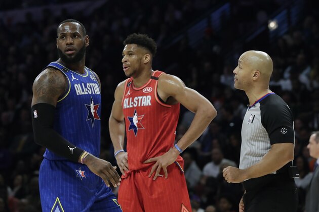 LeBron James of the Los Angeles Lakers and Giannis Antetokounmpo of the Milwaukee Bucks are seen during the second half of the NBA All-Star basketball game Sunday, Feb. 16, 2020, in Chicago. (AP Photo/Nam Huh)