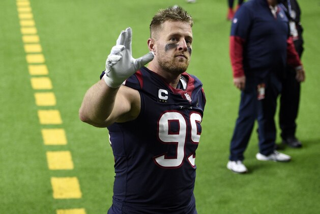 FILE - In this Jan. 3, 2021, file photo, Houston Texans defensive end J.J. Watt (99) waves to fans as he walks off the field after an NFL football game against the Tennessee Titans in Houston. Watt is gone from the Texans and Deshaun Watson wants out, too. The Texans have been making plenty of headlines this offseason. Not one has been good. (AP Photo/Eric Christian Smith, File)