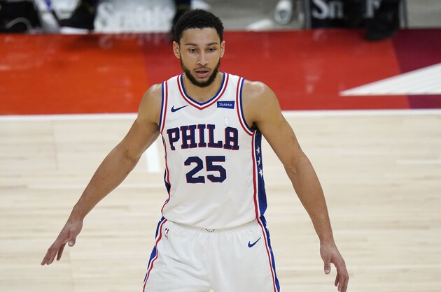 Philadelphia 76ers guard Ben Simmons (25) defends in the second half during an NBA basketball game against the Utah Jazz Monday, Feb. 15, 2021, in Salt Lake City. (AP Photo/Rick Bowmer)
