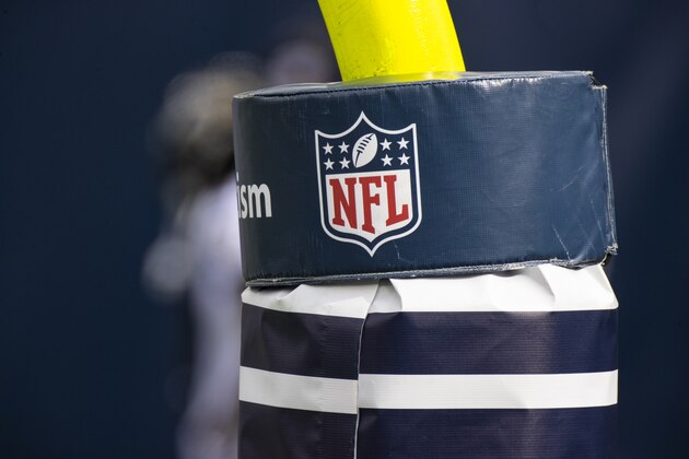 Detail view of NFL shield logo on a goal post pad before an NFL wild-card playoff football game between the Tennessee Titans and the Baltimore Ravens, Sunday, Jan. 10, 2021, in Nashville, Tenn. (AP Photo/Brett Carlsen)