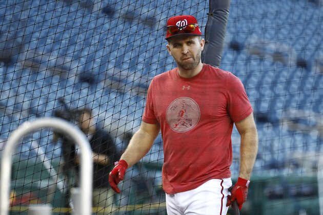 Washington Nationals second baseman Brian Dozier participates in a baseball workout, Friday, Oct. 18, 2019, in Washington, in advance of the team's appearance in the World Series. (AP Photo/Patrick Semansky)