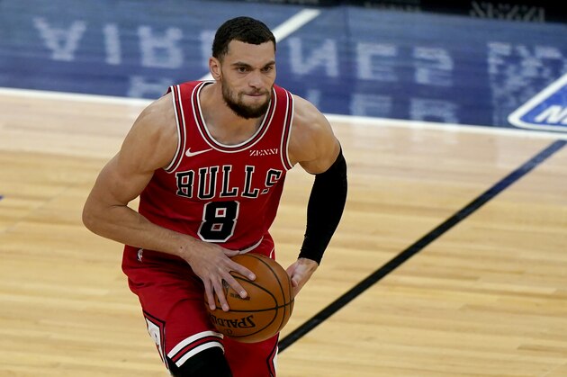 Chicago Bulls guard Zach LaVine looks to pass against the Portland Trail Blazers during the first half of an NBA basketball game in Chicago, Saturday, Jan. 30, 2021. (AP Photo/Nam Y. Huh)