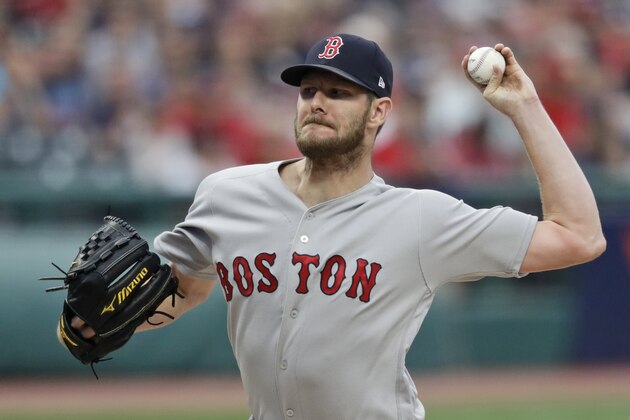 Boston Red Sox starting pitcher Chris Sale delivers in the first inning in a baseball game against the Cleveland Indians, Tuesday, Aug. 13, 2019, in Cleveland. (AP Photo/Tony Dejak)