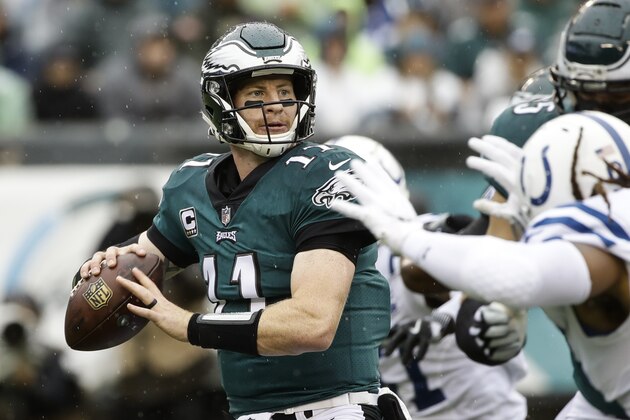 Philadelphia Eagles quarterback Carson Wentz (11) in action during an NFL football game against the Indianapolis Colts, Sunday, Sept. 23, 2018, in Philadelphia. (AP Photo/Matt Rourke)