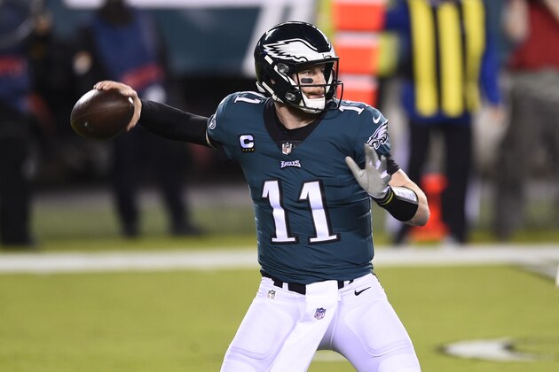 Philadelphia Eagles' Carson Wentz passes during the first half of an NFL football game against the Seattle Seahawks, Monday, Nov. 30, 2020, in Philadelphia. (AP Photo/Derik Hamilton)