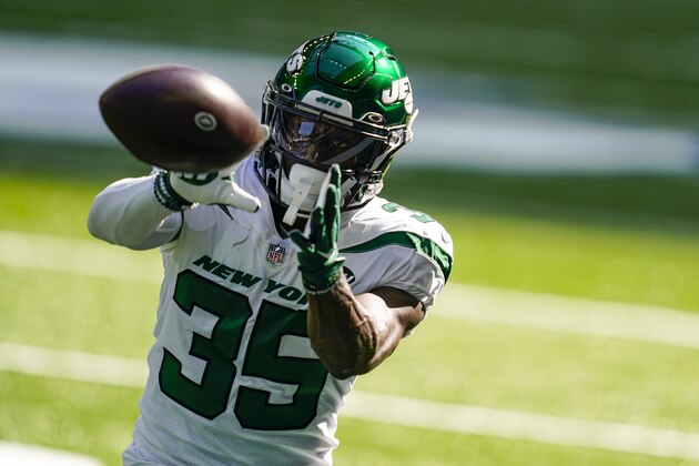 New York Jets cornerback Pierre Desir (35) before an NFL football game against the Indianapolis Colts in Indianapolis, Sunday, Sept. 27, 2020. (AP Photo/Darron Cummings)