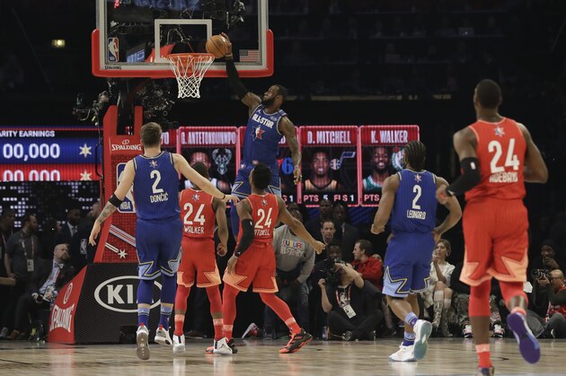 LeBron James of the Los Angeles Lakers dunks during the second half of the NBA All-Star basketball game Sunday, Feb. 16, 2020, in Chicago. (AP Photo/Nam Huh)