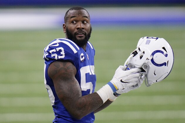 Indianapolis Colts' Darius Leonard (53) puts on his helmet during the second half of an NFL football game against the Jacksonville Jaguars, Sunday, Jan. 3, 2021, in Indianapolis. (AP Photo/AJ Mast)