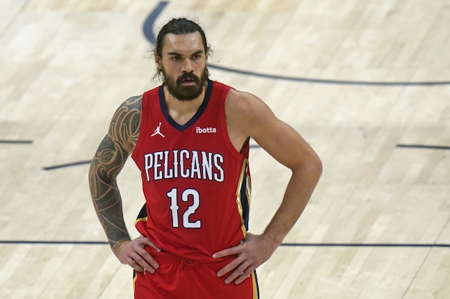 New Orleans Pelicans center Steven Adams (12) looks on in the second half during an NBA basketball game against the Utah Jazz Thursday, Jan. 21, 2021, in Salt Lake City. (AP Photo/Rick Bowmer)