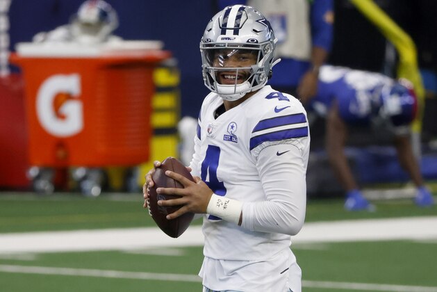 Dallas Cowboys quarterback Dak Prescott warms up before an NFL football game against the New York Giants in Arlington, Texas, Sunday, Oct. 11, 2020. (AP Photo/Ron Jenkins)