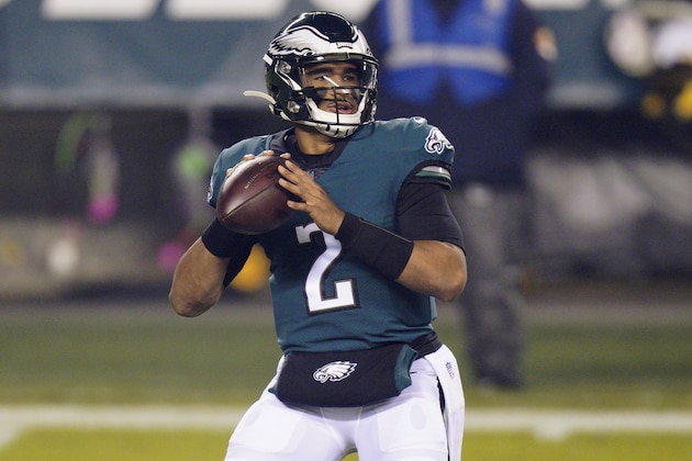 Philadelphia Eagles' Jalen Hurts plays during the first half of an NFL football game against the Washington Football Team, Sunday, Jan. 3, 2021, in Philadelphia. (AP Photo/Chris Szagola) Philadelphia Eagles' Jalen Hurts plays during the first half of an NFL football game against the Washington Football Team, Sunday, Jan. 3, 2021, in Philadelphia. (AP Photo/Chris Szagola)