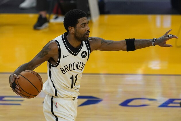 Brooklyn Nets guard Kyrie Irving (11) during an NBA basketball game against the Golden State Warriors in San Francisco, Saturday, Feb. 13, 2021. (AP Photo/Jeff Chiu)