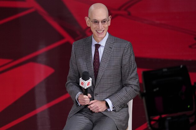 NBA Commissioner Adam Silver does an interview before Game 3 of basketball's NBA Finals, Sunday, Oct. 4, 2020, in Lake Buena Vista, Fla. (AP Photo/Mark J. Terrill)