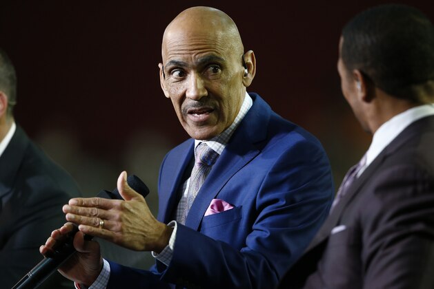 NFL Network Thursday Night Football host Tony Dungy speaks during their broadcast during half time of an NFL football game between the Seattle Seahawks and the Arizona Cardinals, Thursday, Nov. 9, 2017, in Glendale, Ariz. (AP Photo/Ross D. Franklin)