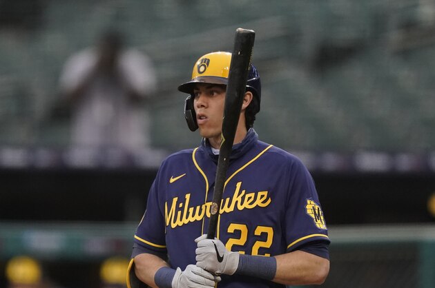 Milwaukee Brewers' Christian Yelich prepares to bat during the first inning of a baseball game against the Detroit Tigers, Tuesday, Sept. 8, 2020, in Detroit. (AP Photo/Carlos Osorio)