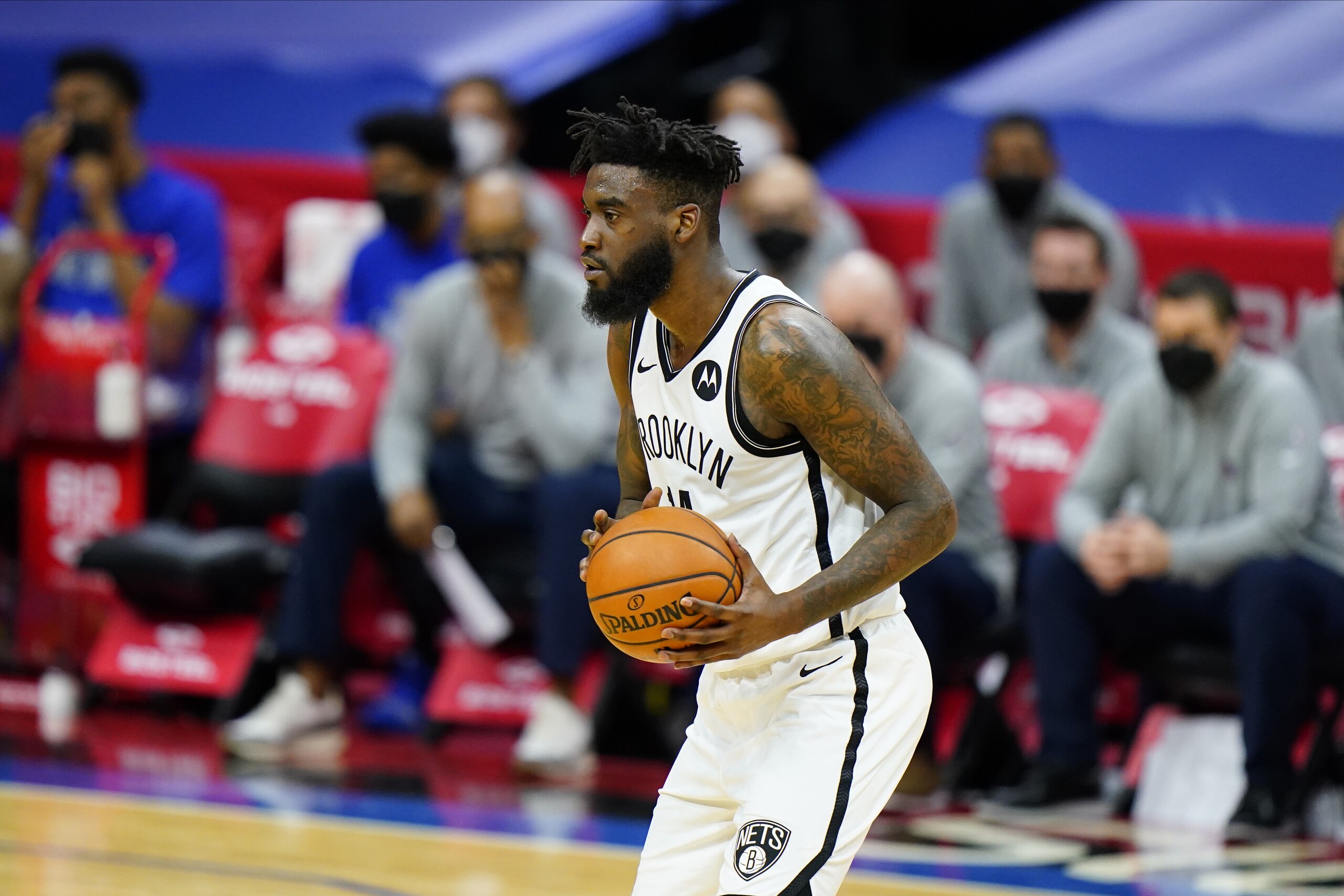 Brooklyn Nets' Norvel Pelle plays during an NBA basketball game against the Philadelphia 76ers, Saturday, Feb. 6, 2021, in Philadelphia. (AP Photo/Matt Slocum)