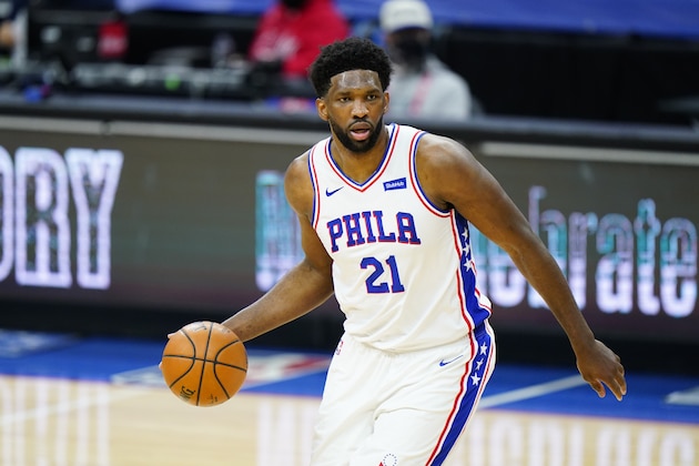 Philadelphia 76ers' Joel Embiid plays during an NBA basketball game against the Houston Rockets, Wednesday, Feb. 17, 2021, in Philadelphia. (AP Photo/Matt Slocum)