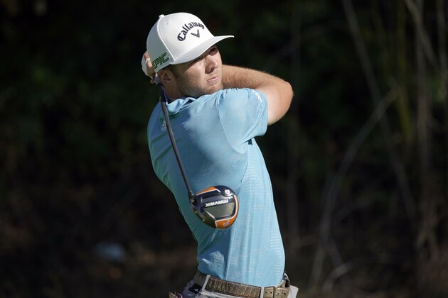 Sam Burns tees off on the 13th hole during the first round of the Genesis Invitational golf tournament at Riviera Country Club, Thursday, Feb. 18, 2021, in the Pacific Palisades area of Los Angeles. (AP Photo/Ryan Kang)