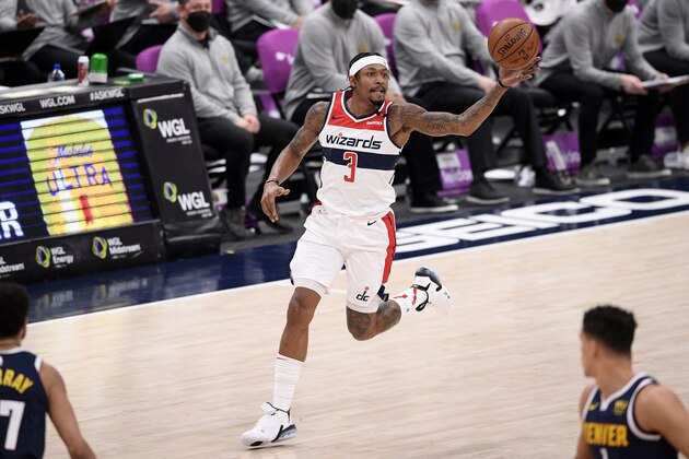 Washington Wizards guard Bradley Beal (3) in action during the first half of an NBA basketball game against the Denver Nuggets, Wednesday, Feb. 17, 2021, in Washington. (AP Photo/Nick Wass)