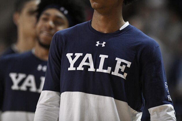 Yale players warm up before an NCAA college basketball game in a for the Ivy League championship against Harvard at Yale University in New Haven, Conn., Sunday, March 17, 2019, in New Haven, Conn. (AP Photo/Jessica Hill)
