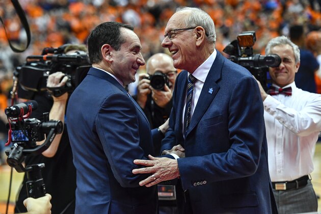 Duke head coach Mike Krzyzewski, left, shakes hands with Syracuse head coach Jim Boeheim before an NCAA college basketball game in Syracuse, N.Y., Saturday, Feb. 1, 2020. (AP Photo/Adrian Kraus)