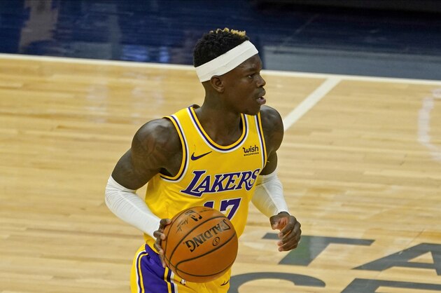 Los Angeles Lakers' Dennis Schroder (17) plays in an NBA basketball game against the Minnesota Timberwolves, Tuesday, Feb. 16, 2021, in Minneapolis. (AP Photo/Jim Mone)