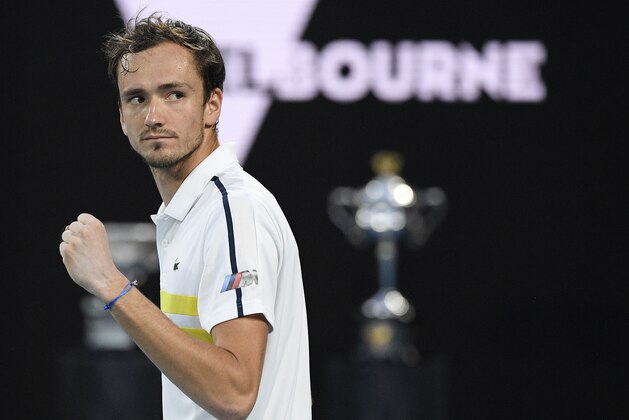 Russia's Daniil Medvedev reacts after winning a point during his seminal match against Greece's Stefanos Tsitsipas at the Australian Open tennis championship in Melbourne, Australia, Friday, Feb. 19, 2021.(AP Photo/Andy Brownbill)