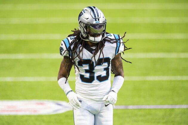 Carolina Panthers free safety Tre Boston (33) looks on before the start of an NFL football game against the Minnesota Vikings, Sunday, Nov. 29, 2020, in Minneapolis. The Vikings defeated the Panthers 28-27. (AP Photo/David Berding)