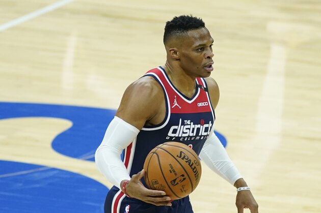 Washington Wizards' Russell Westbrook plays during an NBA basketball game against the Philadelphia 76ers, Wednesday, Dec. 23, 2020, in Philadelphia. (AP Photo/Matt Slocum)