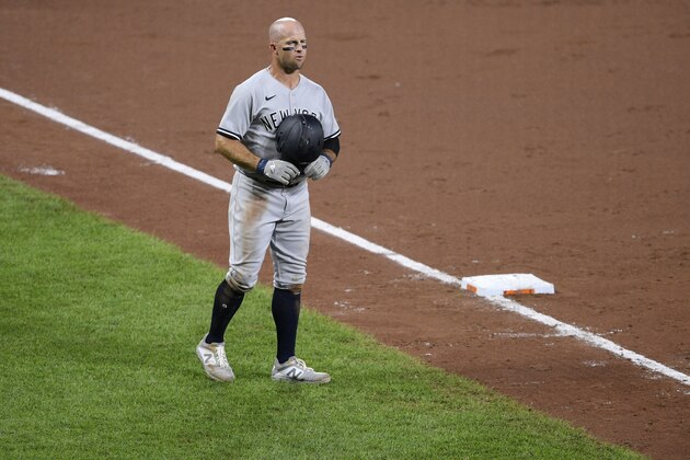 New York Yankees' Brett Gardner stands on the field during the second baseball game of a doubleheader against the Baltimore Orioles, Friday, Sept. 4, 2020, in Baltimore. This is a makeup of a game that was postponed on Aug. 5. (AP Photo/Nick Wass) New York Yankees' Brett Gardner stands on the field during the second baseball game of a doubleheader against the Baltimore Orioles, Friday, Sept. 4, 2020, in Baltimore. This is a makeup of a game that was postponed on Aug. 5. (AP Photo/Nick Wass)