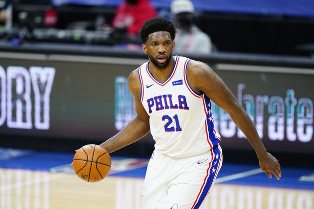 Philadelphia 76ers' Joel Embiid plays during an NBA basketball game against the Houston Rockets, Wednesday, Feb. 17, 2021, in Philadelphia. (AP Photo/Matt Slocum)