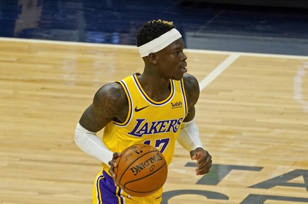 Los Angeles Lakers' Dennis Schroder (17) plays in an NBA basketball game against the Minnesota Timberwolves, Tuesday, Feb. 16, 2021, in Minneapolis. (AP Photo/Jim Mone)