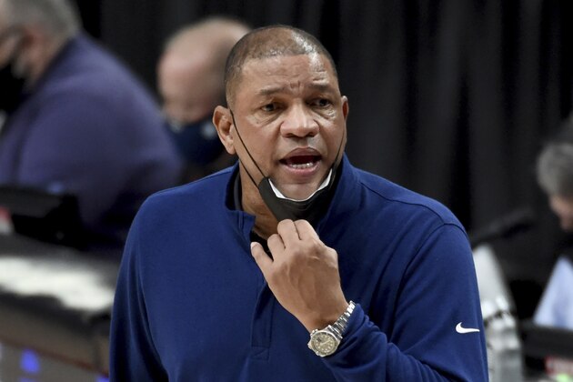 Philadelphia 76ers coach Doc Rivers yells out to players during the second half of the team's NBA basketball game against the Portland Trail Blazers in Portland, Ore., Thursday, Feb. 11, 2021. The Blazers won 118-114. (AP Photo/Steve Dykes)