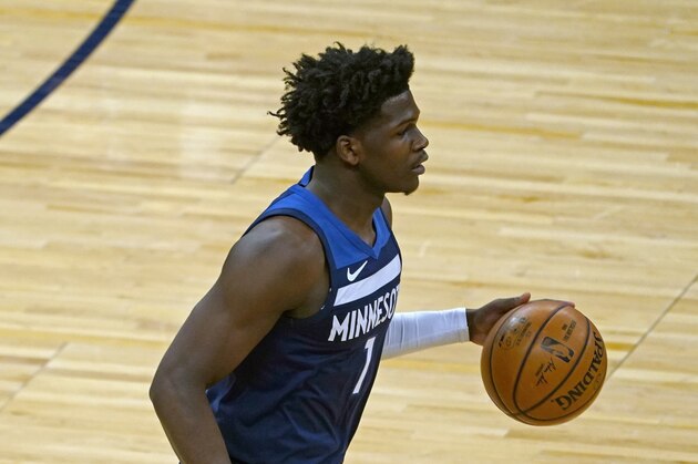 Minnesota Timberwolves' Anthony Edwards (1) plays in an NBA basketball game against the Los Angeles Lakers, Tuesday, Feb. 16, 2021, in Minneapolis. (AP Photo/Jim Mone)