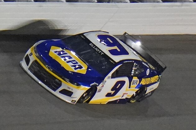 Chase Elliott (9) runs during a NASCAR Daytona 500 qualifying session Wednesday, Feb. 10, 2021, at Daytona International Speedway in Daytona Beach, Fla. (AP Photo/Chris O'Meara)