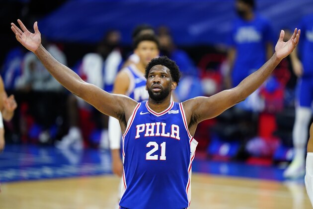 Philadelphia 76ers' Joel Embiid plays during an NBA basketball game against the Chicago Bulls, Friday, Feb. 19, 2021, in Philadelphia. (AP Photo/Matt Slocum)