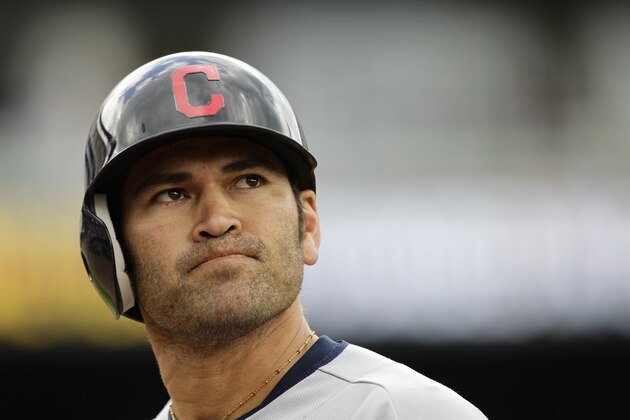 Cleveland Indians' Johnny Damon walks back to the dugout against the Detroit Tigers in the eighth inning of a baseball game in Detroit, Thursday, June 7, 2012. (AP Photo/Paul Sancya)