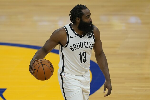 Brooklyn Nets guard James Harden (13) during an NBA basketball game against the Golden State Warriors in San Francisco, Saturday, Feb. 13, 2021. (AP Photo/Jeff Chiu)