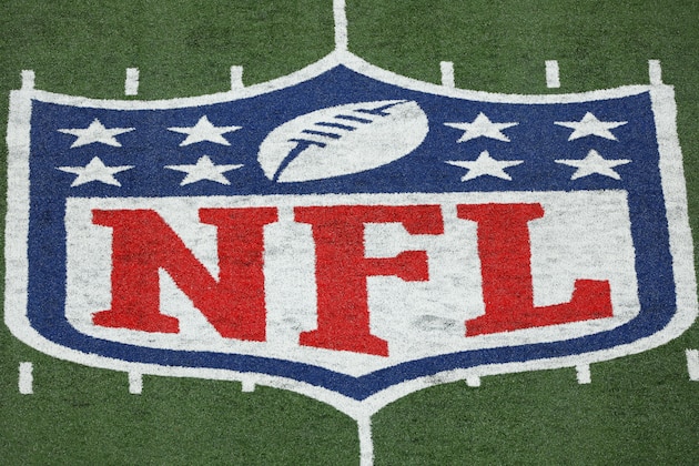 A general view of the NFL shield at midfield during an NFL football game between the Tampa Bay Buccaneers and the New York Giants, Monday, Nov. 2, 2020, in East Rutherford, N.J. (AP Photo/Adam Hunger)