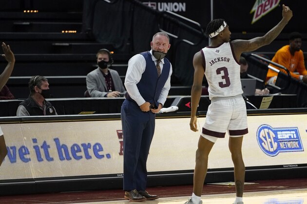 Texas A&M head coach Buzz Williams reacts after a penally call against Tennessee during the second half of an NCAA college basketball game Saturday, Jan. 9, 2021, in College Station, Texas. (AP Photo/Sam Craft)