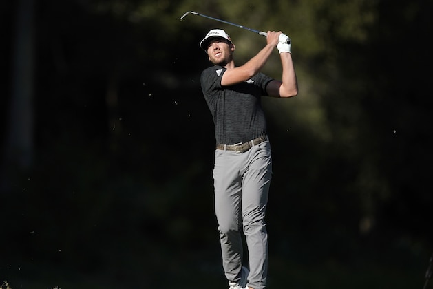 Sam Burns watches his second shot on the fifth hole during the third round of the Genesis Invitational golf tournament at Riviera Country Club, Saturday, Feb. 20, 2021, in the Pacific Palisades area of Los Angeles. (AP Photo/Ryan Kang)