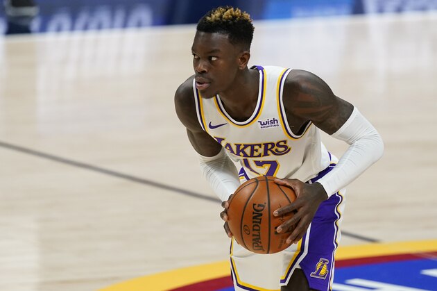 Los Angeles Lakers guard Dennis Schroder (17) in the second half of an NBA basketball game Sunday, Feb. 14, 2021, in Denver. (AP Photo/David Zalubowski)