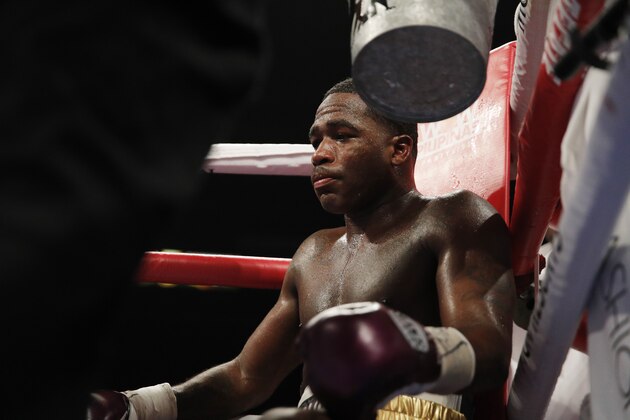 Adrien Broner rests between rounds against Manny Pacquiao in a welterweight championship boxing match Saturday, Jan. 19, 2019, in Las Vegas. (AP Photo/John Locher)