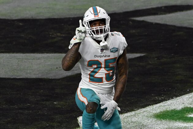 Miami Dolphins cornerback Xavien Howard (25) reacts after preventing a Las Vegas Raiders touchdown during an NFL football game, Sunday, Dec. 26, 2020, in Las Vegas. (AP Photo/David Becker)