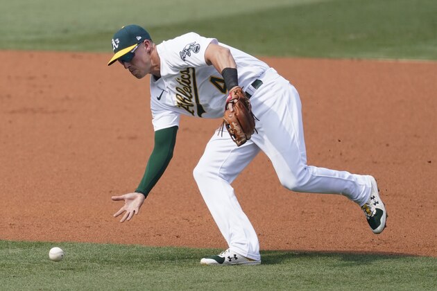 Oakland Athletics third baseman Jake Lamb cannot field a base hit by Houston Astros' Yuli Gurriel during the second inning of Game 1 of a baseball American League Division Series in Los Angeles, Monday, Oct. 5, 2020. (AP Photo/Ashley Landis)