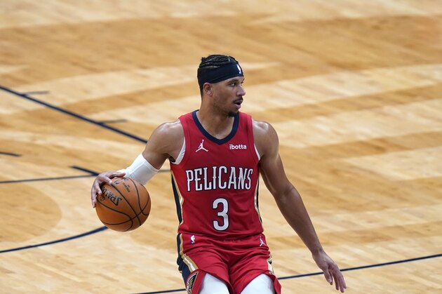 New Orleans Pelicans guard Josh Hart (3) moves the ball up court in the second half of an NBA basketball game against the Houston Rockets in New Orleans, Tuesday, Feb. 9, 2021. (AP Photo/Gerald Herbert)