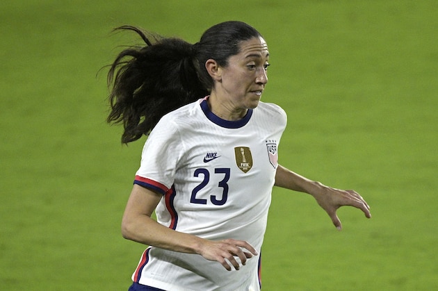 United States forward Christen Press (23) follows a play during the second half of a SheBelieves Cup women's soccer match against Canada, Thursday, Feb. 18, 2021, in Orlando, Fla. (AP Photo/Phelan M. Ebenhack)