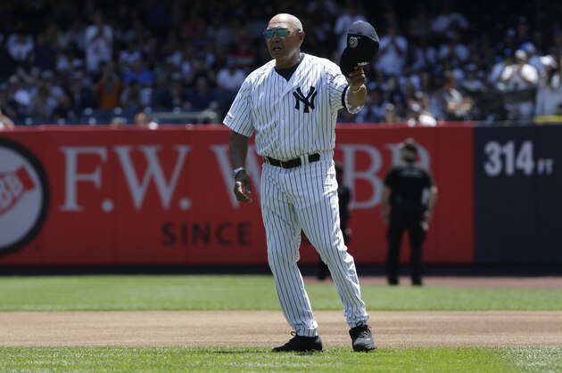 Former New York Yankee Reggie Jackson is introduced during Old Timer's Day at Yankee Stadium, Sunday, June 23, 2019, in New York. (AP Photo/Seth Wenig)