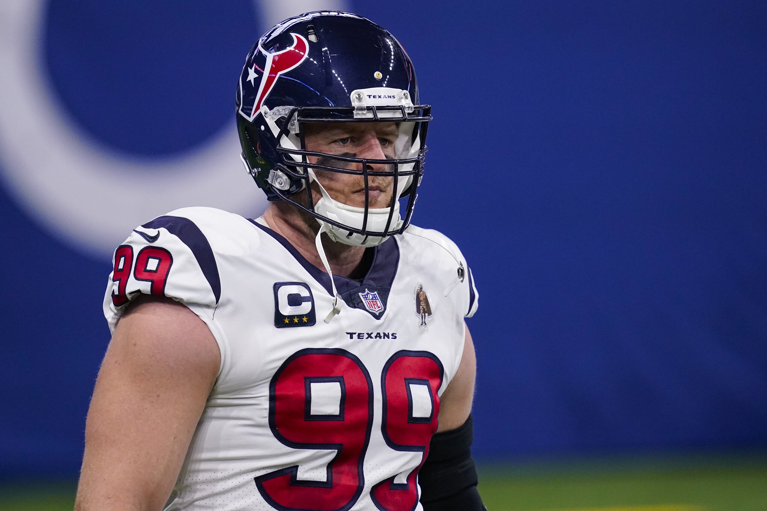 Houston Texans defensive end J.J. Watt (99) before an NFL football game against the Indianapolis Colts in Indianapolis, Sunday, Dec. 20, 2020. (AP Photo/Darron Cummings)
