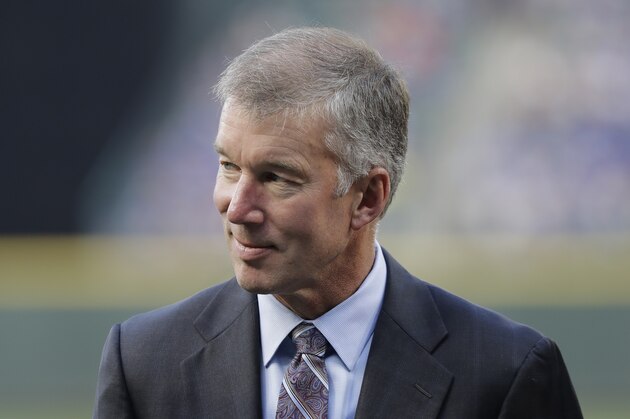 Seattle Mariners president Kevin Mather stands on the field before a baseball game against the Toronto Blue Jays, Friday, Aug. 3, 2018, in Seattle. (AP Photo/Ted S. Warren)